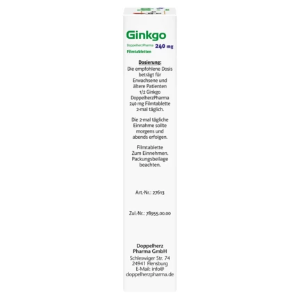 Abbildung der Produktverpackung DoppelherzPharma Ginkgo DoppelherzPharma 240 mg Filmtabletten Seitenansicht links